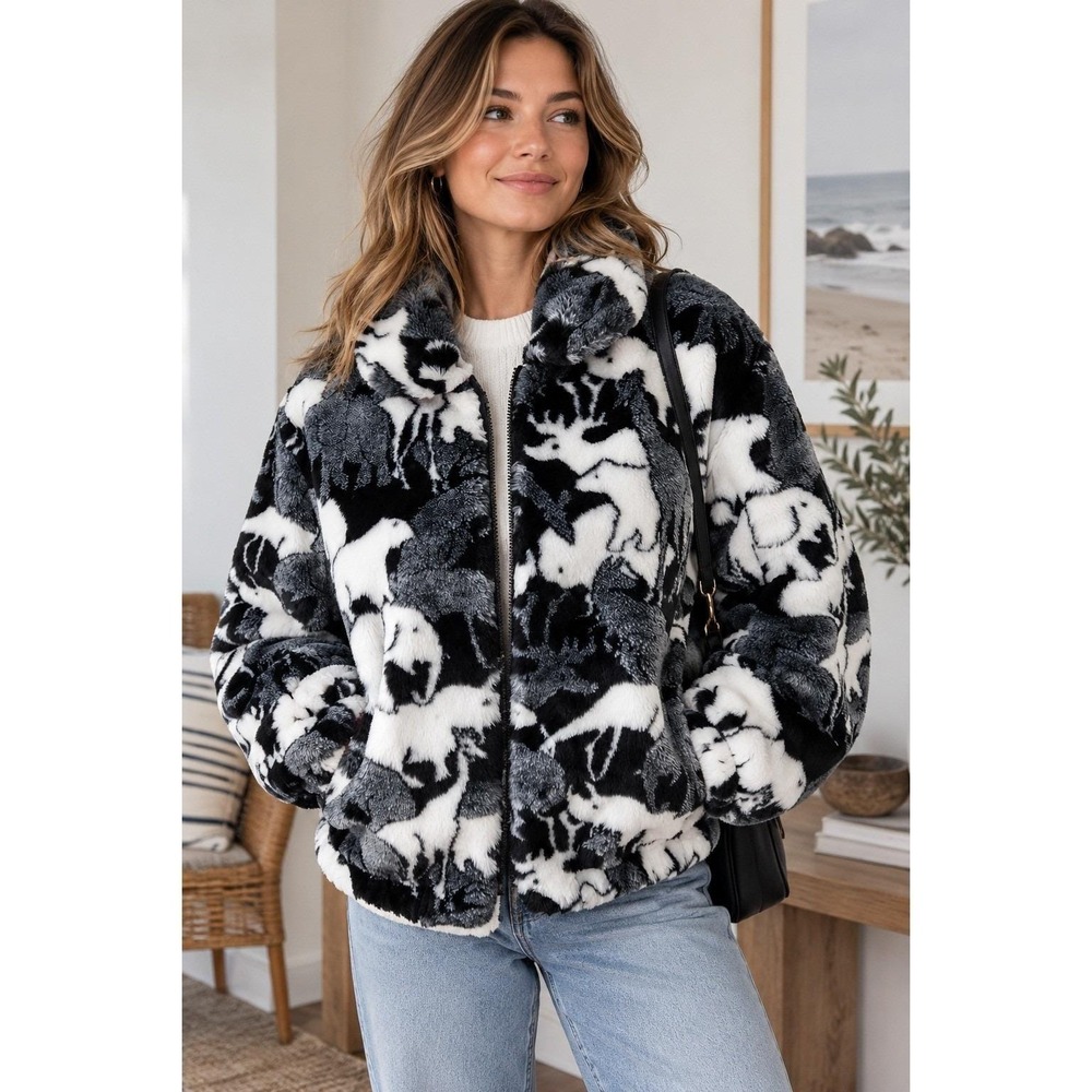 VTG 90s Young Gallery Faux Fur Jacket Wild Animals Optical Illusion sz M USAMade